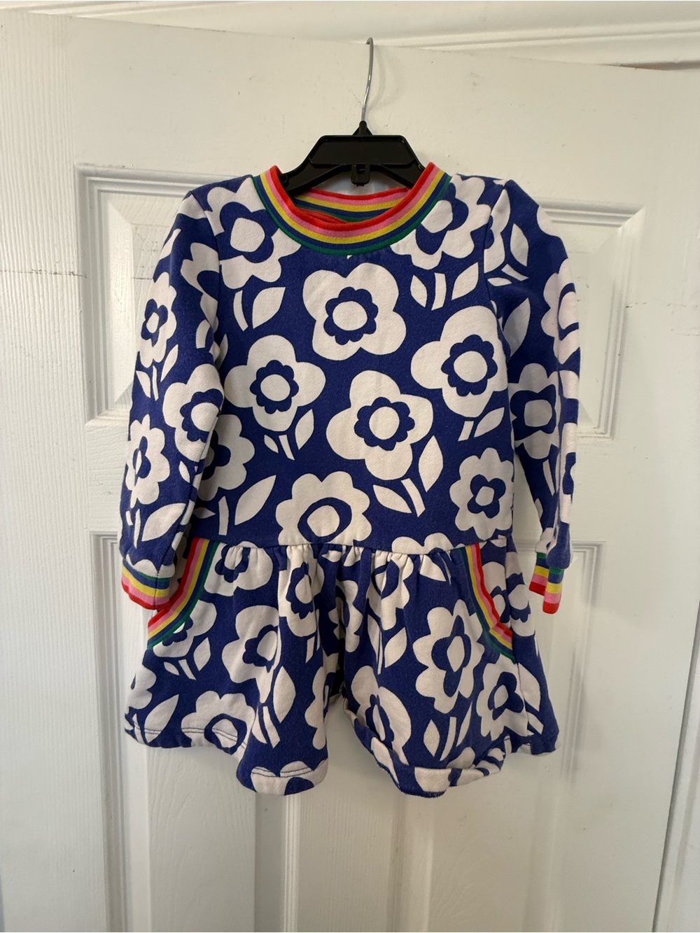 Girl’s Mini Boden Blue & White Floral Toddler Dress with Rainbow Trim